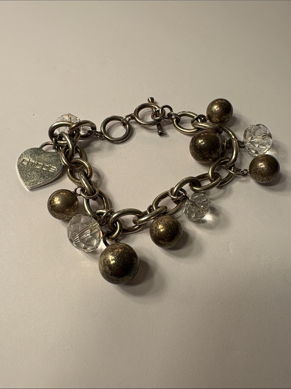 Chico's Silver-Tone Charm Bracelet with Clear Crystal and Ball Charms